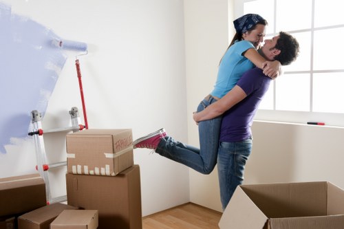 Packed office equipment and furniture ready for transport