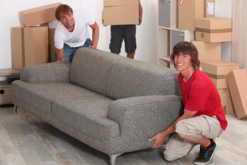 Packed office furniture and equipment ready for commercial transport